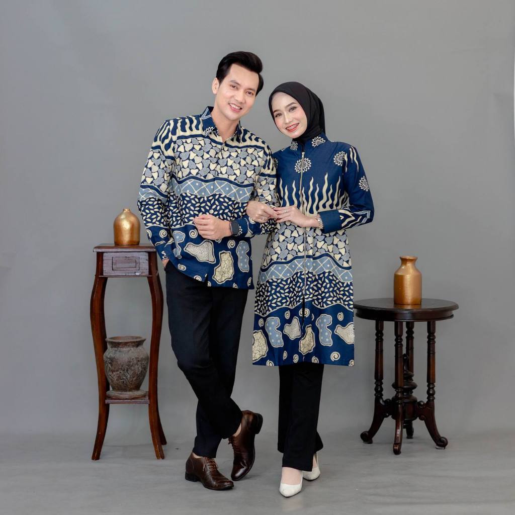 Benang Raja Batik Couple Kemeja Dan Tunik Katun Primis Gelombang Batu