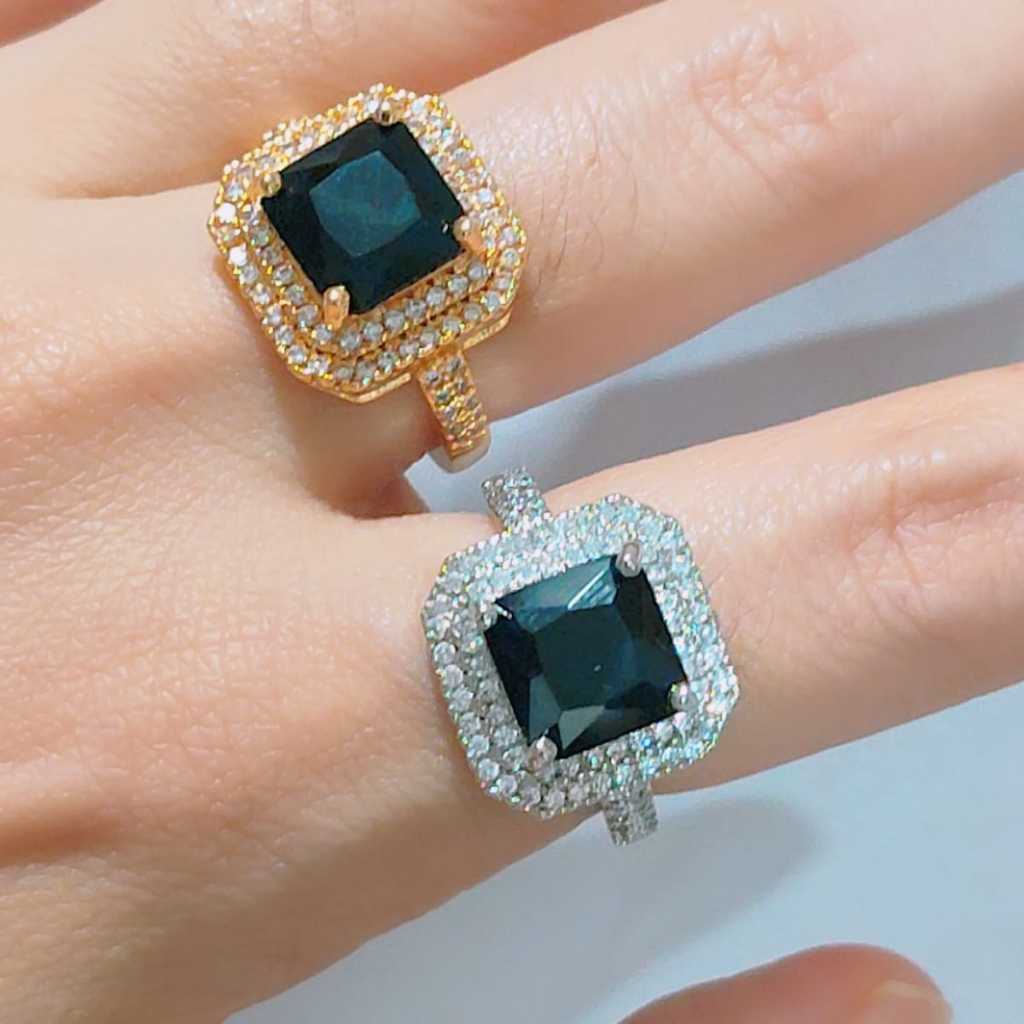Cincin permata hitam kotak motif terbaru anti karat-BEST JEWELRY