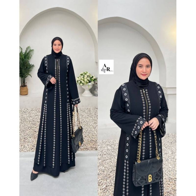 Gamis Abaya Turkey Jersey Mix Ceruty Bordir - Sakura Hitam