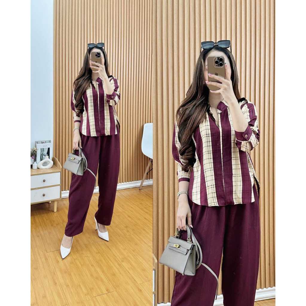 set One Bela Ld 110 Muat bb 40-75 One set  Bahan Rayon Kemeja Salur Wanita Lengan Panjang &  Pendek
