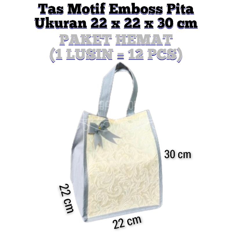 

(1 LUSIN = 12 PCS) Goodie Bag Tas Hajatan MOTIF EMBOSS PITA 22x22 cm Tinggi 30 cm Premium