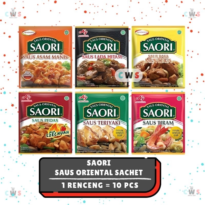 

SAORI Saus Oriental Masak Apapun Bisa Tiram Teriyaki Lada Hitam Mentega Asam Manis - 1 Renceng / 10 Pcs