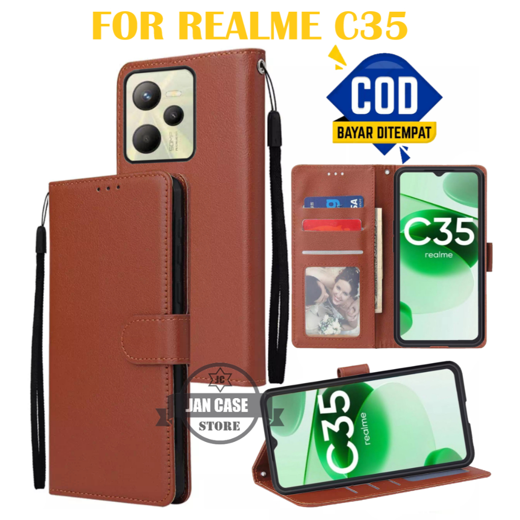 LEATHER CASE PREMIUM UNTUK REALME C35 FLIP COVER WALLET BISA BUKA TUTUP DAN STANDING
