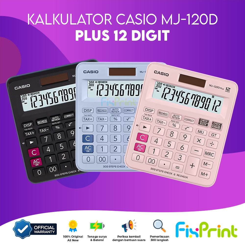 

Fixprint Calculator Casio MJ-120D Plus 12 Digit Check Correct Dekstop Kalkulator Cek Ulang MJ 120D 12 Digits Light Blue Black Pink Original Garansi Resmi