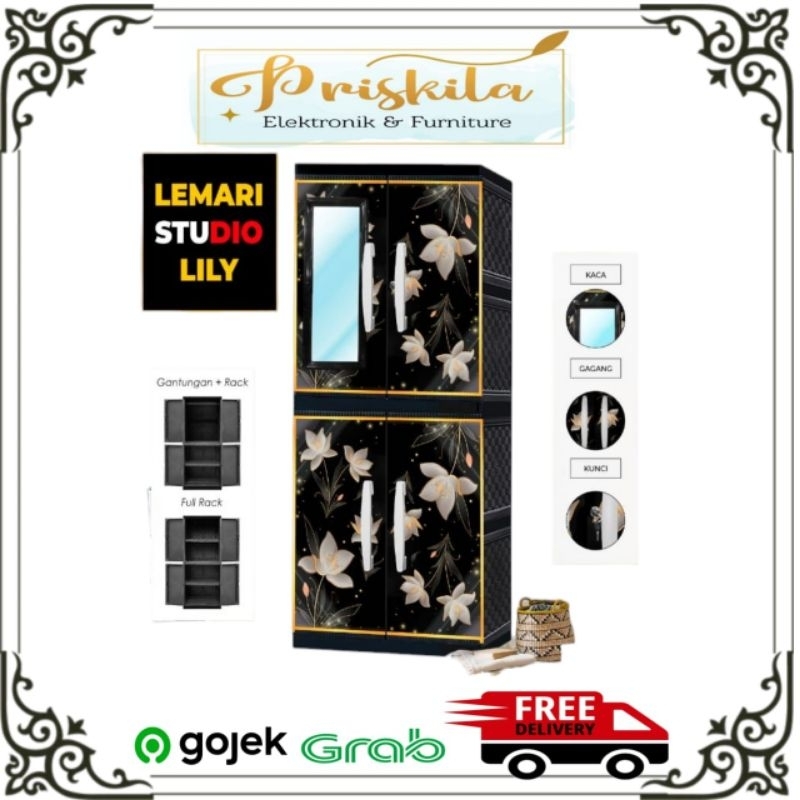 Lemari pakaian 2 pintu / lemari baju plastik/ furniture Palembang/ lemari hitam motif bunga / Priska