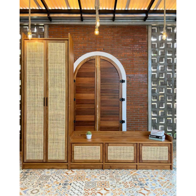 buffet tv set lemari 2 pintu kombinasi rotan