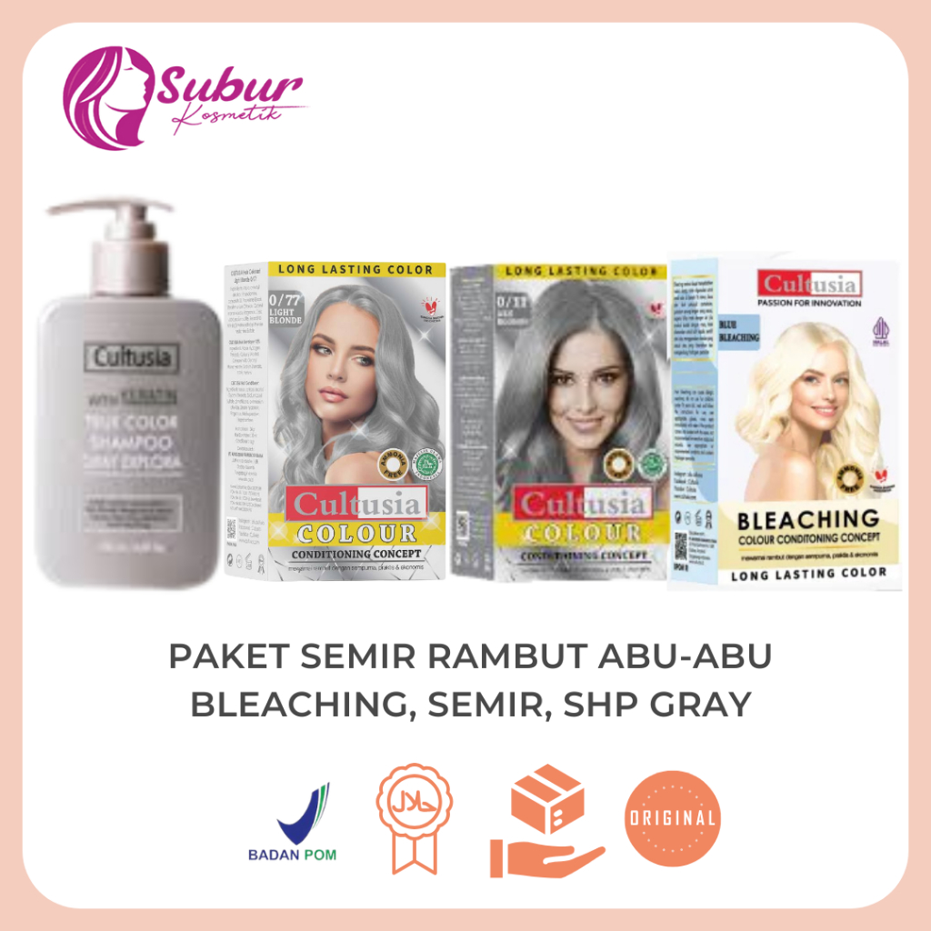 Cultusia Paket Semir Rambut Warna Abu-Abu/Gray  (Shampo Gray+Semir Gray+Bleaching)
