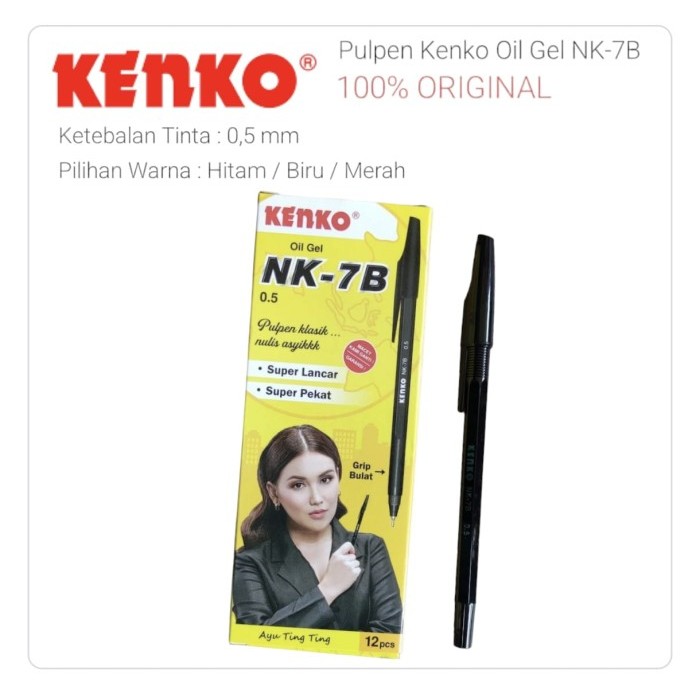 

Kenko Pen Oil Gel BLACK 1 Pack / 12 Pcs - Ballpoint Kenko NK-7B - Pulpen 0.5 Tinta HITAM standar AE7