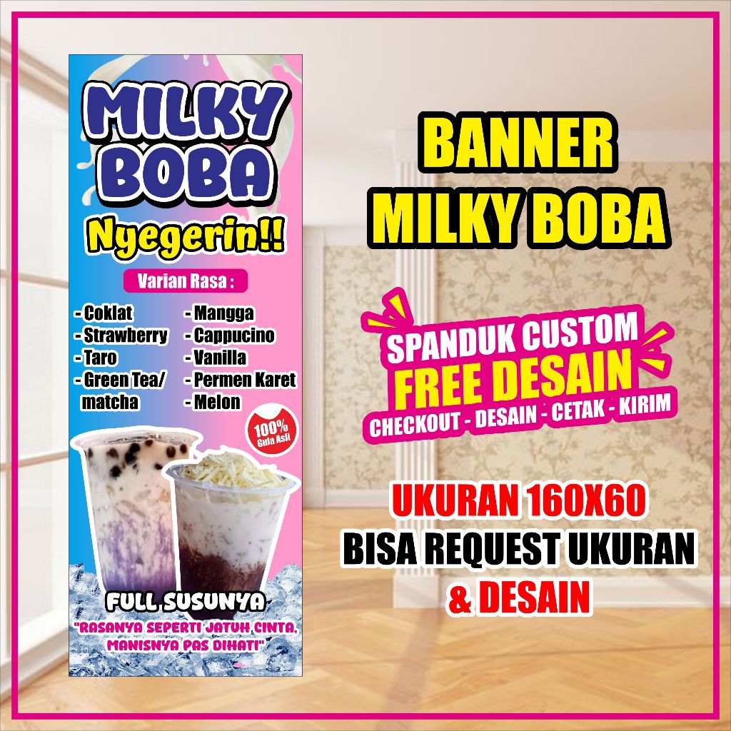 CETAK BANNER/SPANDUK Minuman Milky Boba Free Desain Ukuran 160x60 BISA COD Bisa Request Tulisan dll