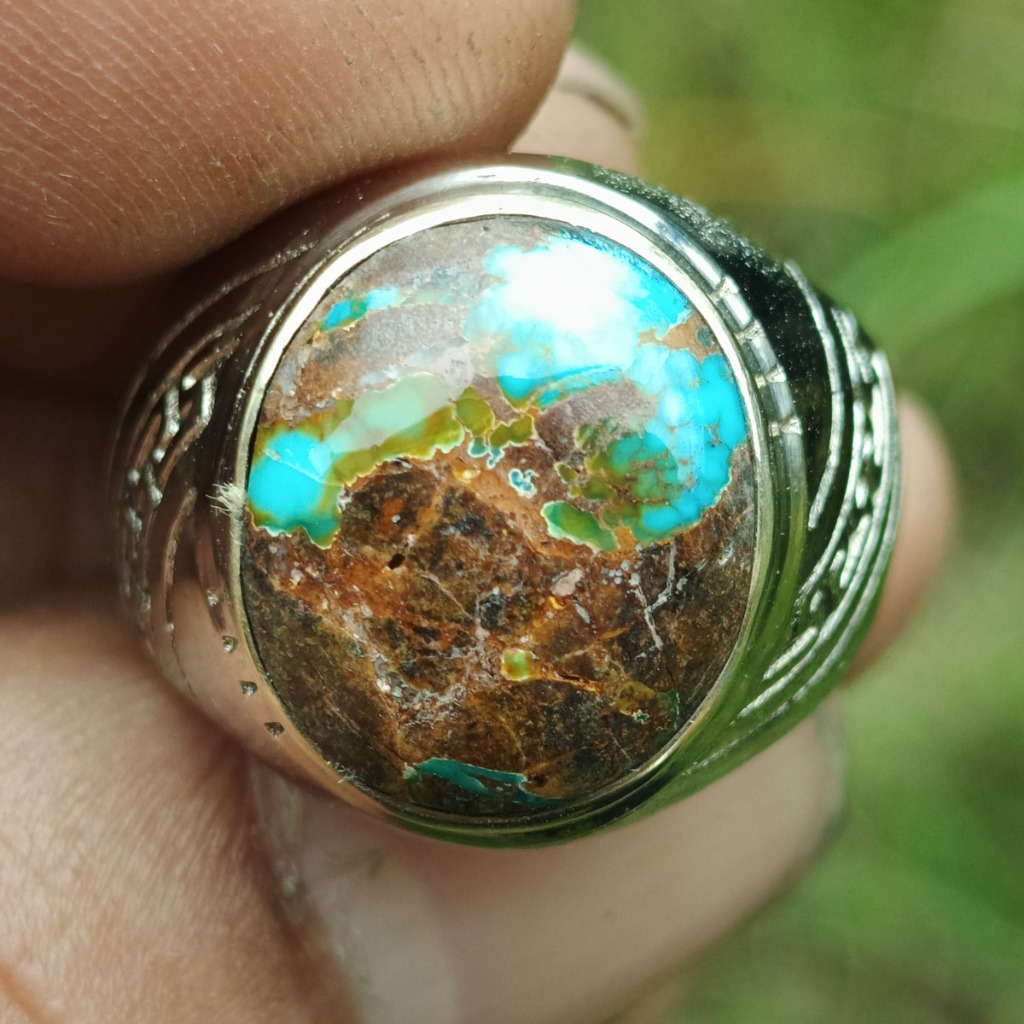 Batu Natural Pirus Persia Unik Toska Biru Tajam Urat Emas Motif Yin Yang Abstrak Alami Dim-14