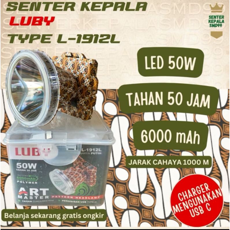 luby l-1912 senter kepala art master 50watt cahaya putih tahan 50jam