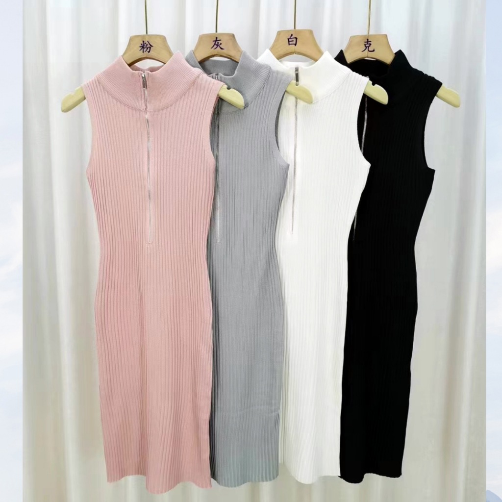 [Hallyu] Dress Wanita Halter Neck Zipper Turtleneck Knit Import Premium | Mini Dress Wanita Turtlene