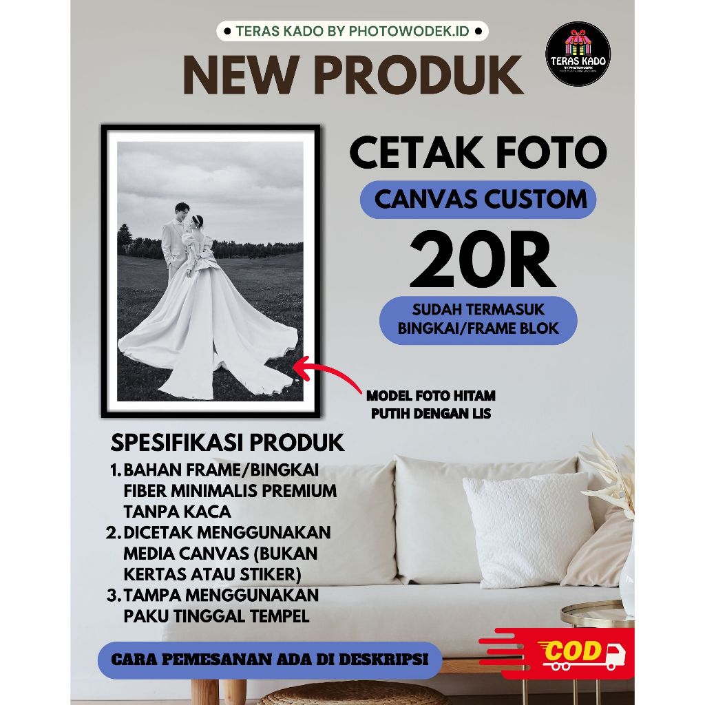 CETAK FOTO KANVAS UKURAN 20R CUSTOM + BINGKAI/FRAME BLOK FIBER MINIMALIS PREMIUM