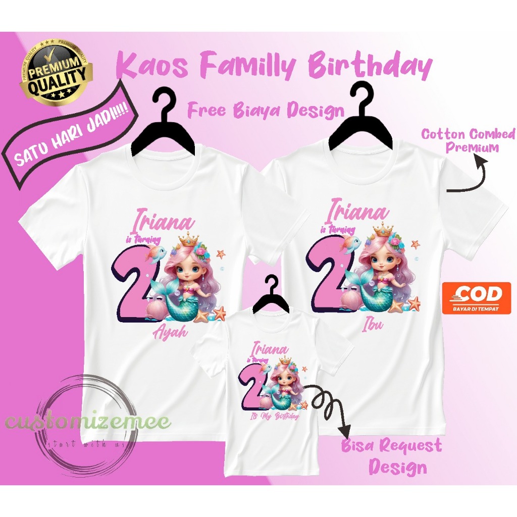 CUSTOM KAOS COUPLE FAMILY BIRTHDAY MERMAID/KAOS ULANG TAHUN/KAOS CUSTOM ULANG TAHUN/KAOS COUPLE ANAK