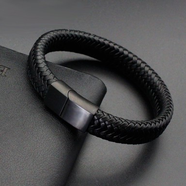 BG-SKIN Hitam Gelang Kulit Tenun Pria Gelang Pria Keren Gelang Kulit Stainless Perhiasan Gelang Gela