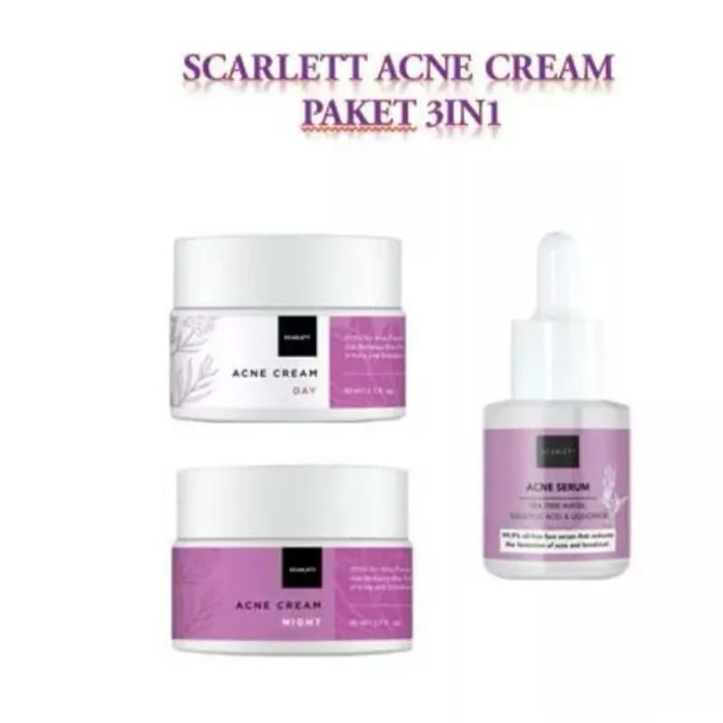 Paket  Hemat Scarlett Acne - Scarlett Whitening 3in1 Cream wajah Siang&Malam
