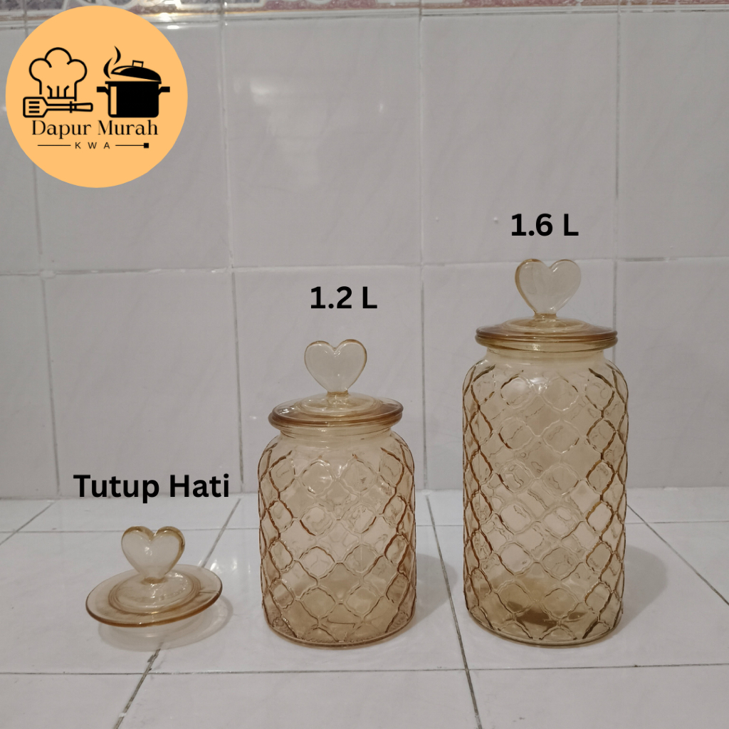Toples Kaca Motif Kotak Besar Tutup Love / 2 Ukuran: 1.2L 1.6L / Tutup Hati