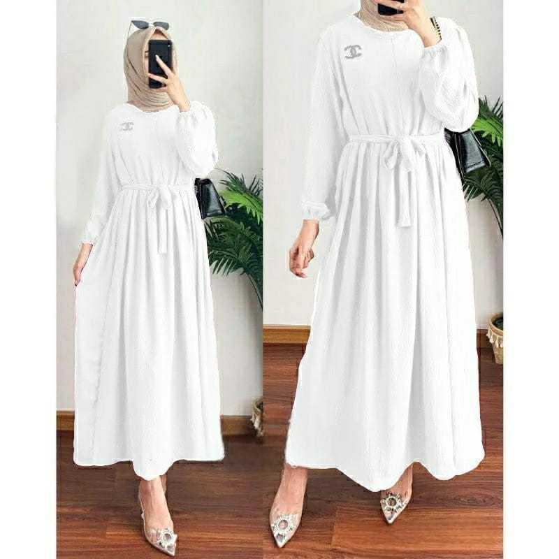 Midi Dress Putih Bahan Crinkle Airflow Simple Elegan Terbaru