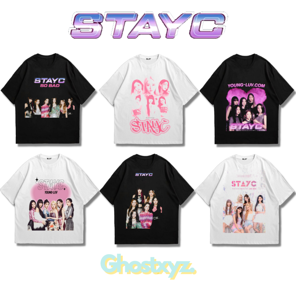 Ghostxyz T-Shirt Stayc Kpop Black White Oversize Vintage Tee Baju Kaos