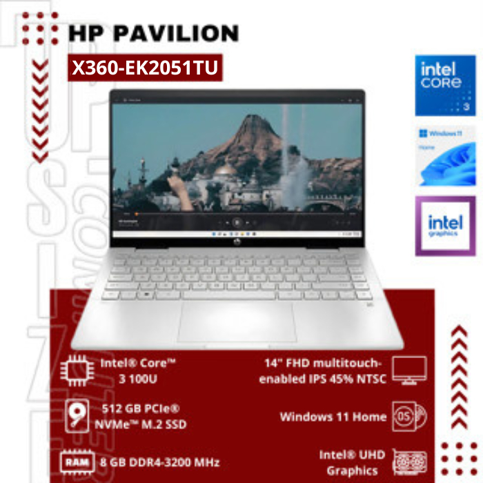 HP Pavilion X360-EK2051TU Intel® Core™ i3-100U Windows 11 Home + Office Home & Student 2021