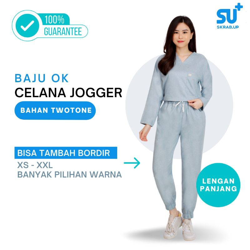 Scrub V Neck Celana Jogger Lengan Panjang / Cardiac Series Two tone / Baju OK Dokter / Baju OK Peraw