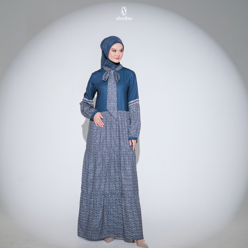 Sheibu Navia Dress Gamis Muslim Navy Brown Daily Basic Formal Printing Premium Adem Tidak Menerawang