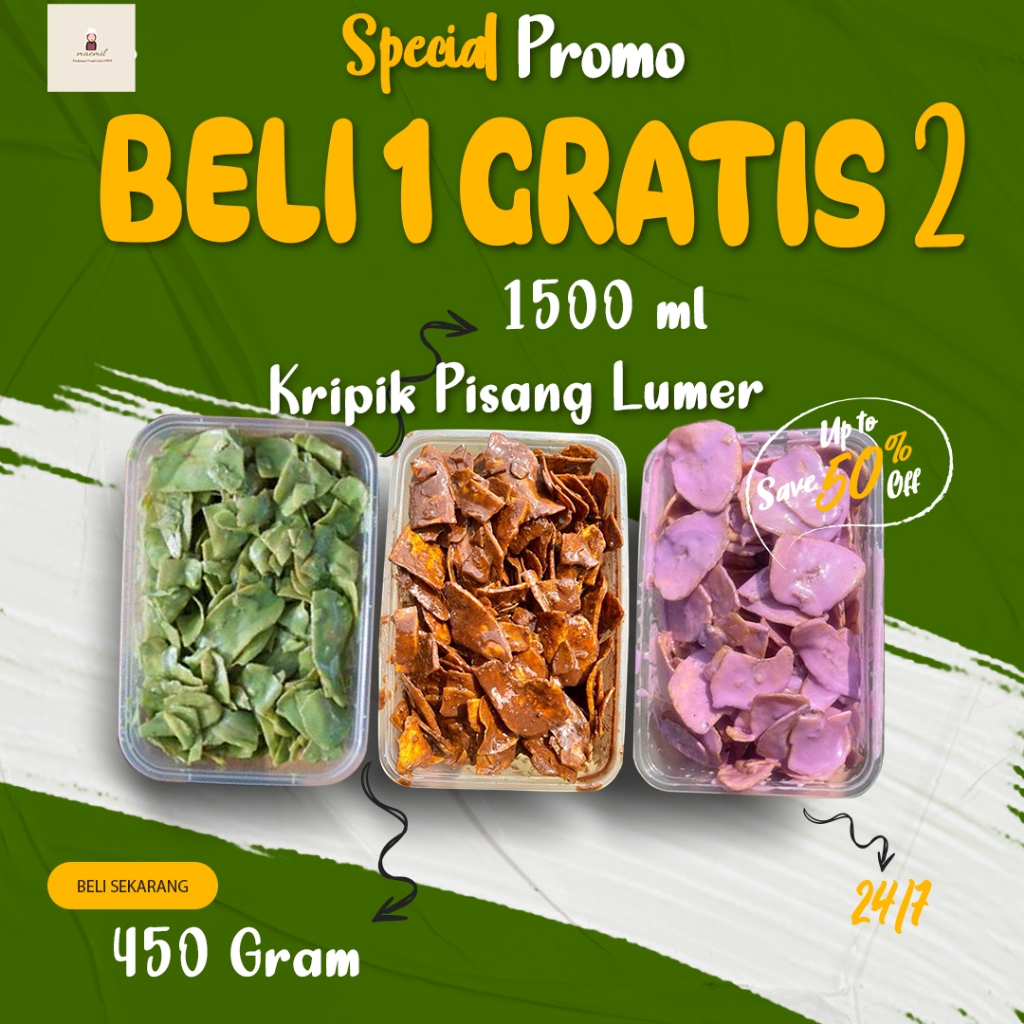 

KARISMA NGEMIL PROMO BELI 1 BOX GRATIS 2 BOX KRIPIK PISANG LUMER