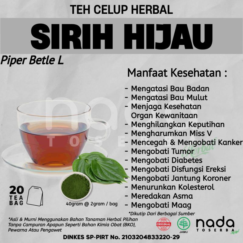 

Teh Celup Herbal SIRIH HIJAU Isi 20 Tea Bag | Bau Badan & Mulut | Piper Betle L