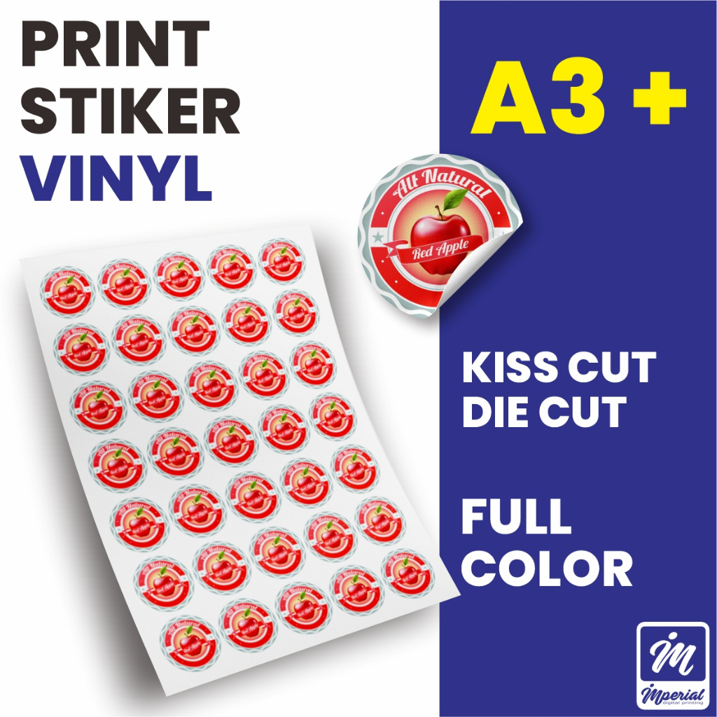 

Cetak Stiker Vinyl A3+ / Kiss Cut / Die Cut / Stiker Label Nama / Stiker Produk / Stiker Packaging Kemasan Bentuk Custom