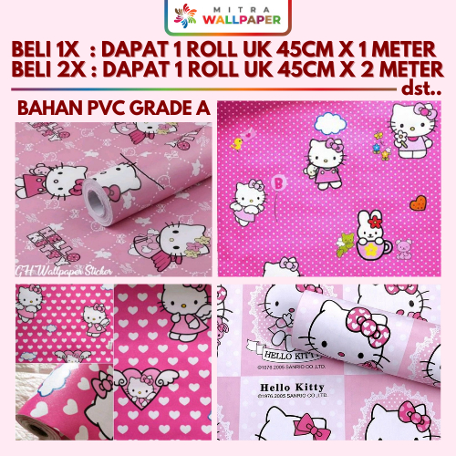 Wallpaper Dinding Kamar Tidur Anak Perempuan Wallpaper Sticker Dinding Karakter Hello Kitty Pink