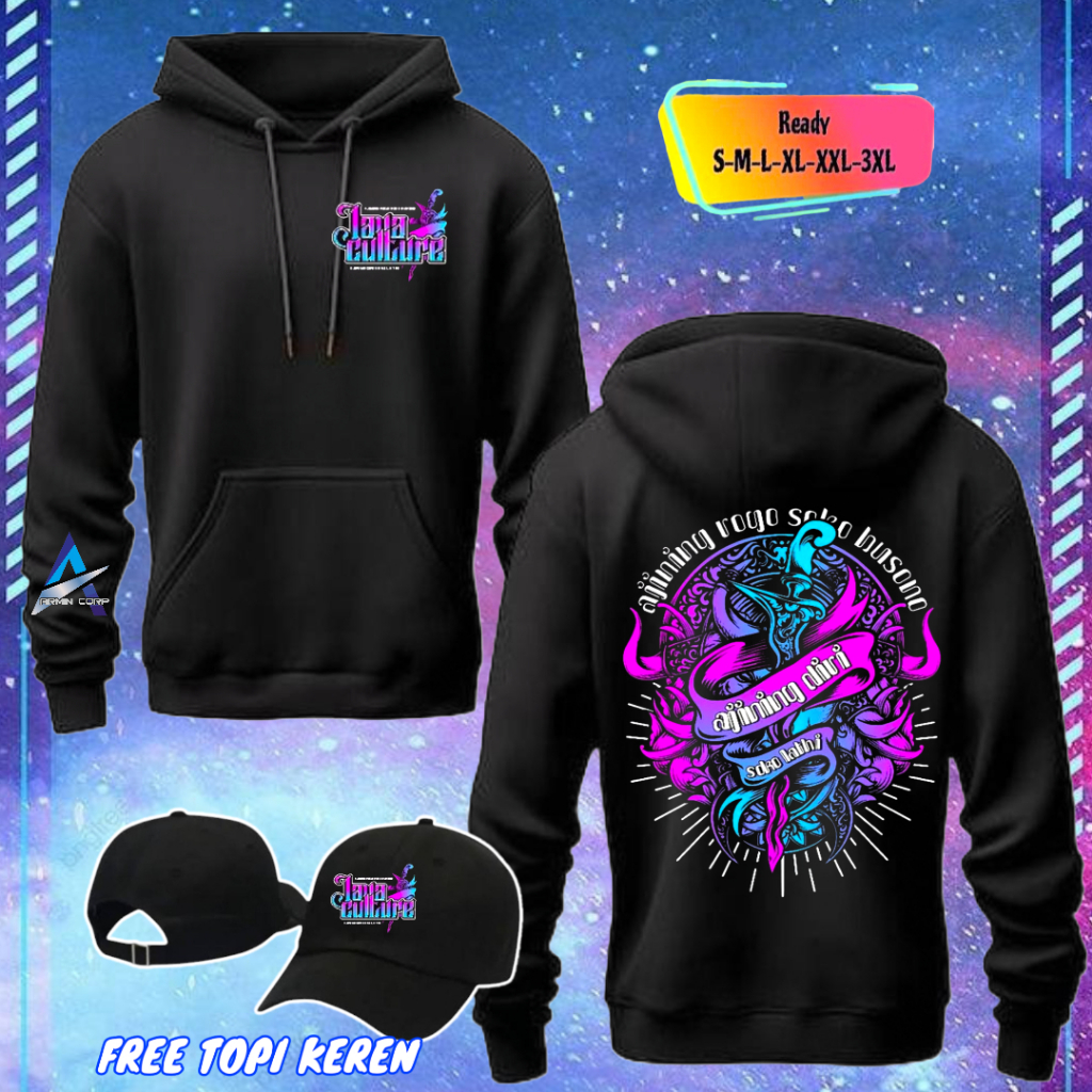 HOODIE JUMP JAVA CULTURE AJINING DIRI AJINING ROGO DESIGN KECE BAHASA JAVA BAHAN KATUN FLEECE FREE T