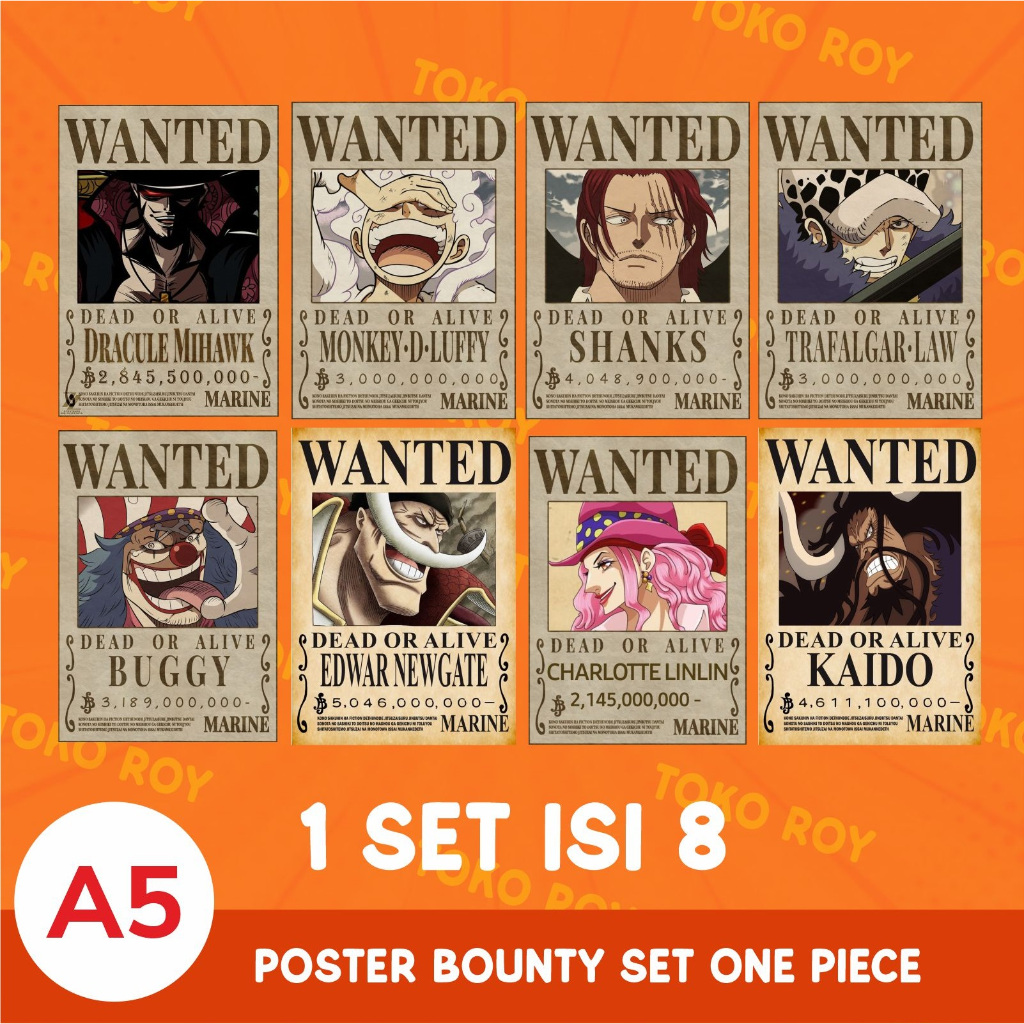 Poster Dinding Bounty Wanted One Piece Anime ukuran A5 tinggal Tempel