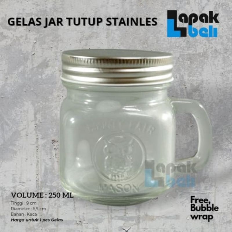 GELAS JAR 250 ML / HARVEST TIME DRINKING JAR + TUTUP STAINLES / GELAS TOPLES MUG KACA MINUM / STOPLE