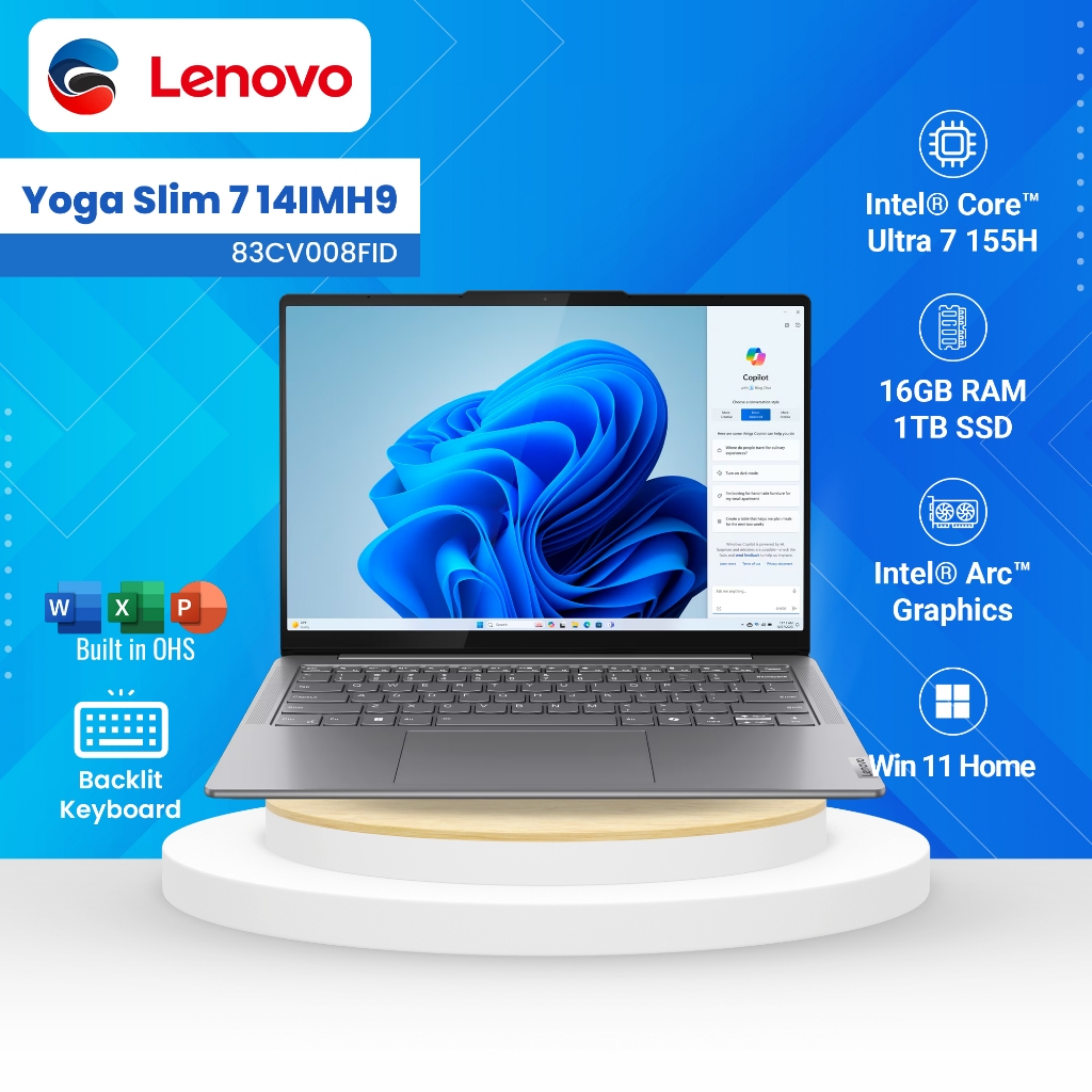 LENOVO Laptop Yoga Slim 7 14IMH9 Intel Core Ultra 7 155H 16GB 1TB SSD 14" WUXGA OLED Touch Luna Grey
