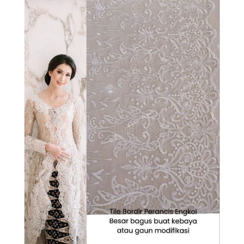 Kain Tile Bordir Perancis 3d putih for wedding