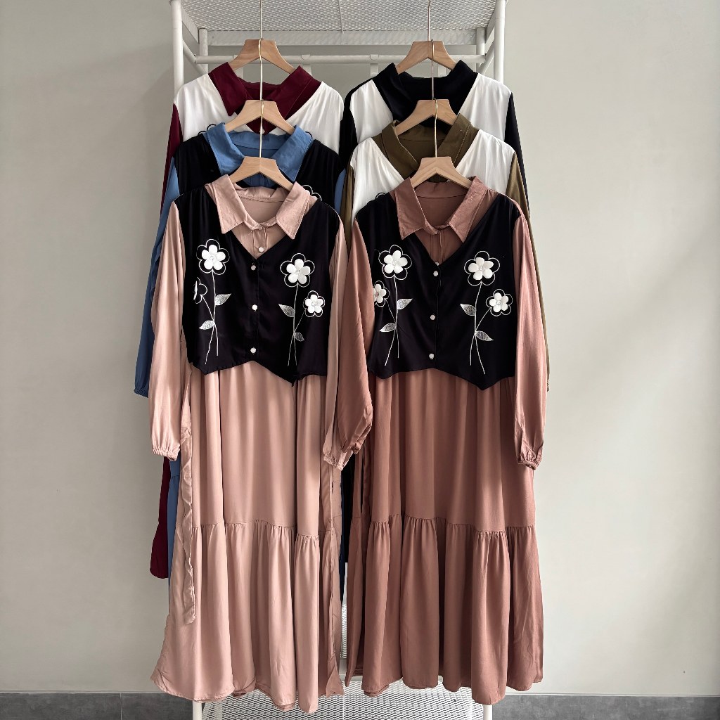 MIDI AZKIYAH Rayon Twill Bordir Rompi Chibi Flowers Tali Aktif LD 106 Gamis Wanita Kerah