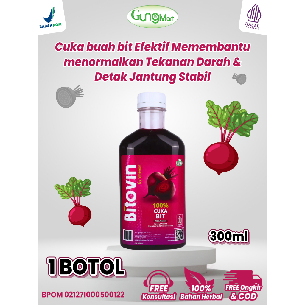 

Bitovin Cuka Buah Bit Segar 300Ml Penambah Darah Alami dan Sehatkan Jantung Stabil - 1 Botol