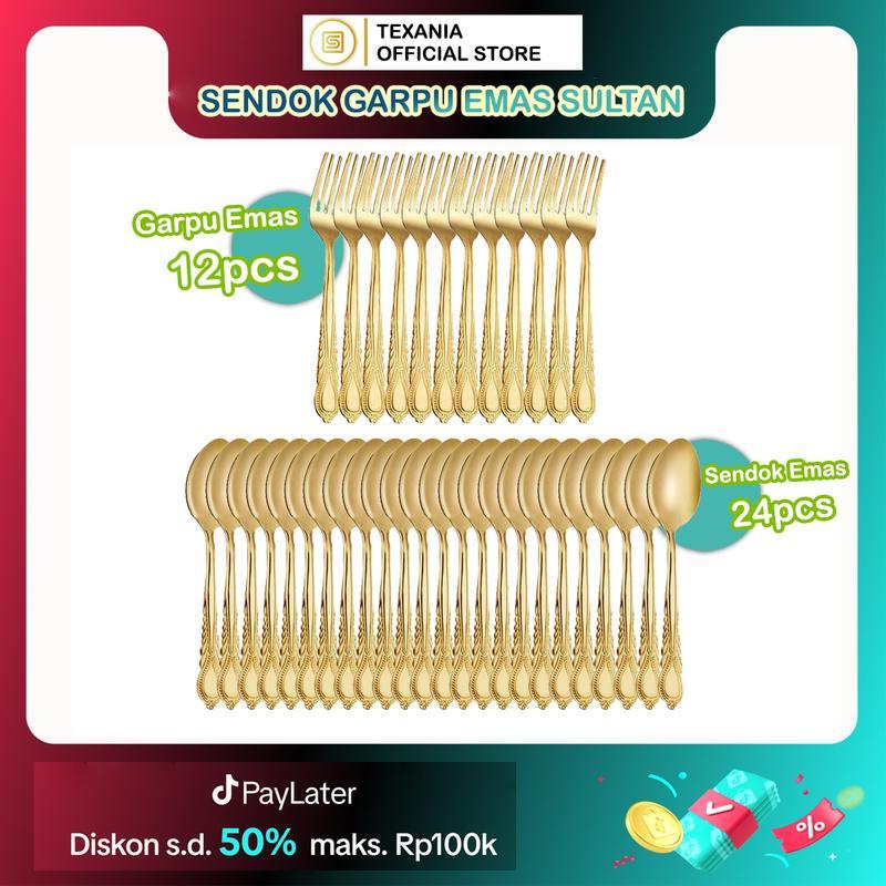 TEXANIA Sendok Emas Stainless Steel 2 Lusin Garpu Emas Stainless Steel 1 Lusin Makan Kitchenware