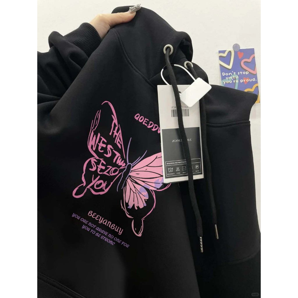 Forteid  Hoodie Sweater Wanita Oversize Hoodie Cetakan kupu-kupu merah muda lucu Korean Style Baju W