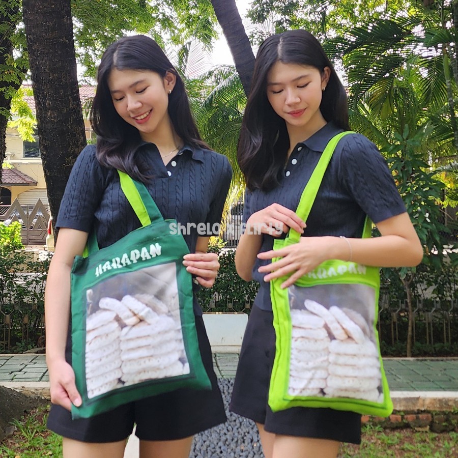 Tas Reversible Totebag Dua Warna Bolak Balik Kaleng Kerupuk Harapan Hijau Bolu Pandan Lumut Buatan I