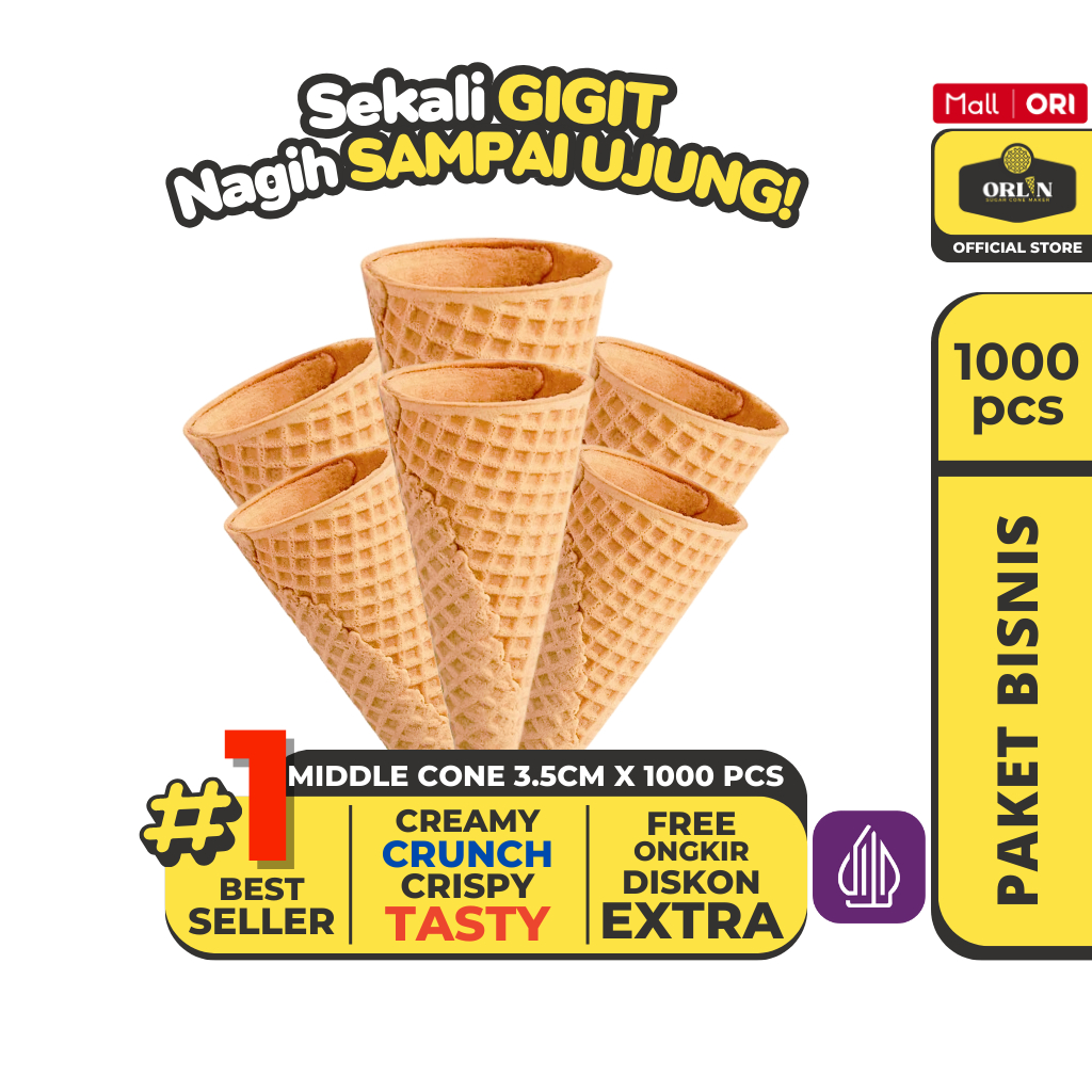 

ORLIN Paket Bisnis Middle Waffle Cone Ice Cream 3,5cmx10cm isi 1000pcs Sekali Gigit,Nagih Sampai Ujung