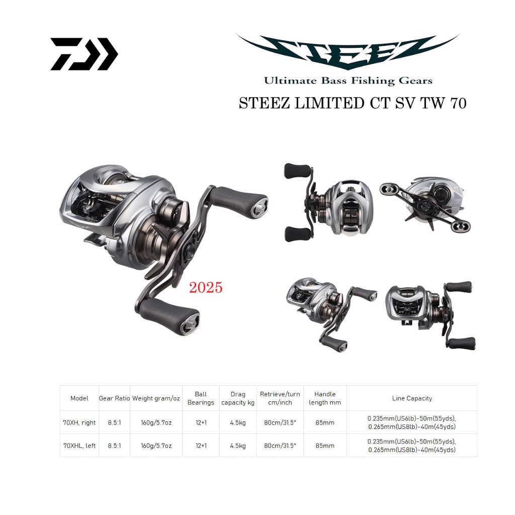 Daiwa 2025 Steez Limited CT SV TW 70 Baitcasting BC Reel Pancing