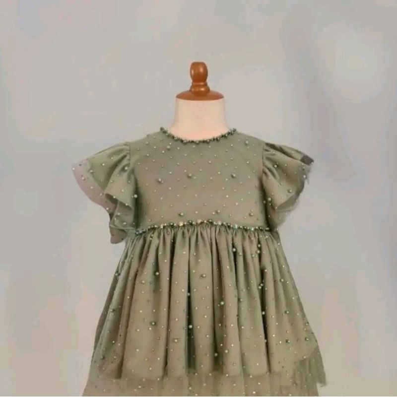 Dress Anak Lengan Kupu-kupu Mutiara Hijau Sage