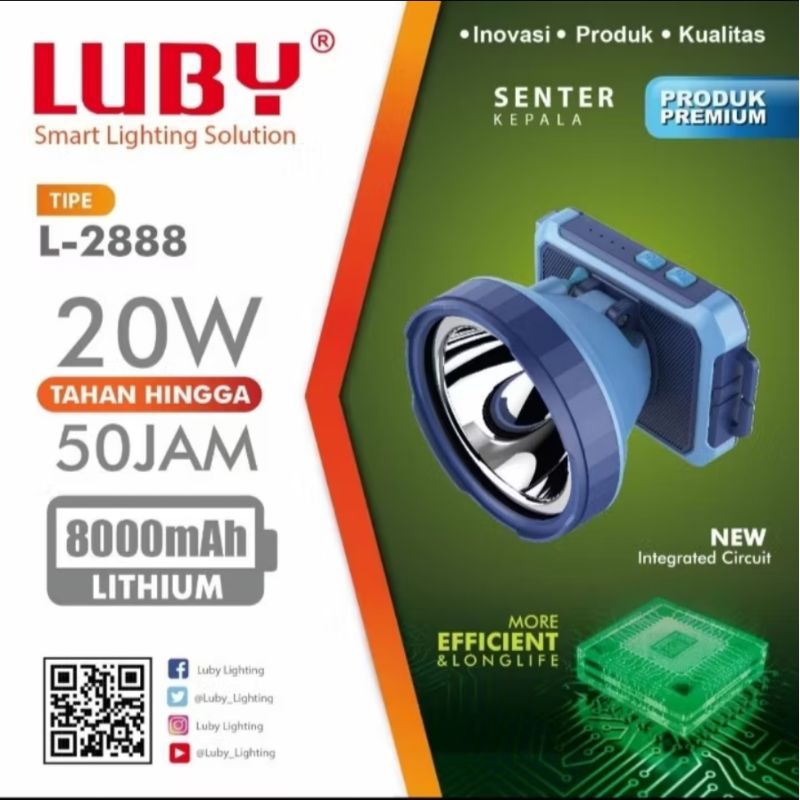 luby l-2888 senter kepala cahaya putih dan kuning 50watt tahan 20jam 8000mah