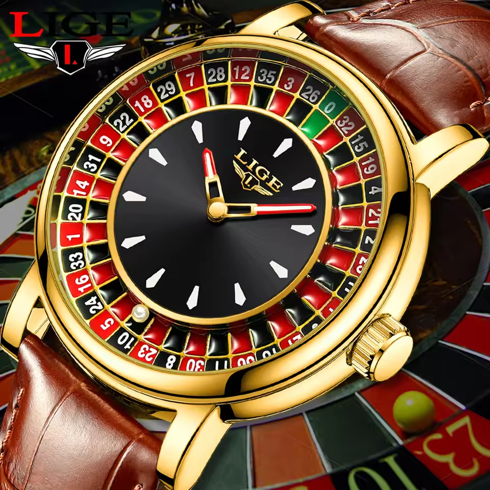 LIGE Jam Tangan Pria Fashion Lucky Roulette Jam Tangan Kulit Tahan Air Jam Tangan Kuarsa Bercahaya