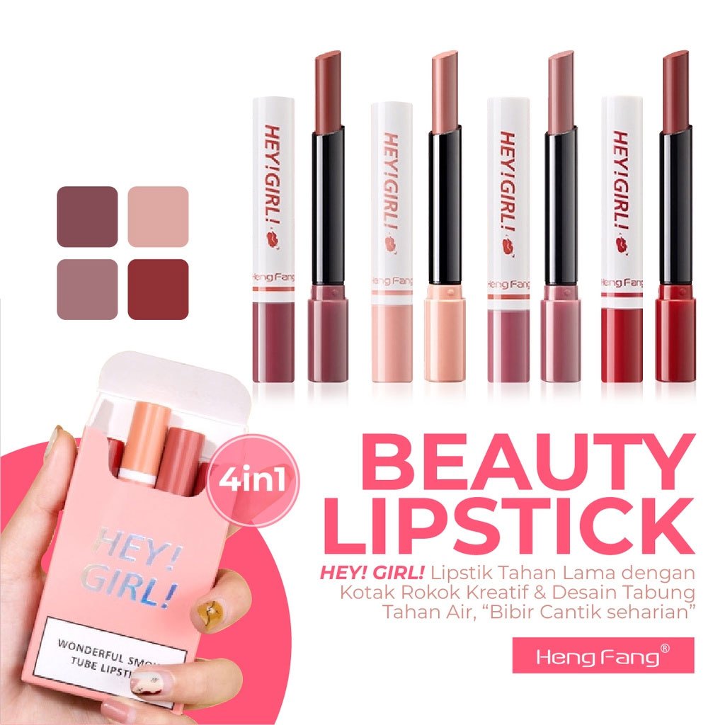Hengfang Lipstick Hey Girl Set 4 PCS Lipstik Matte Tahan Lama Waterproof