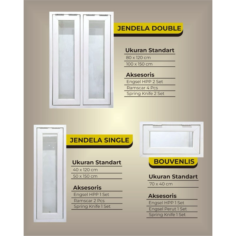 Jendela UPVC Minimalis – Double, Single & Boven | Kaca + Aksesoris Lengkap