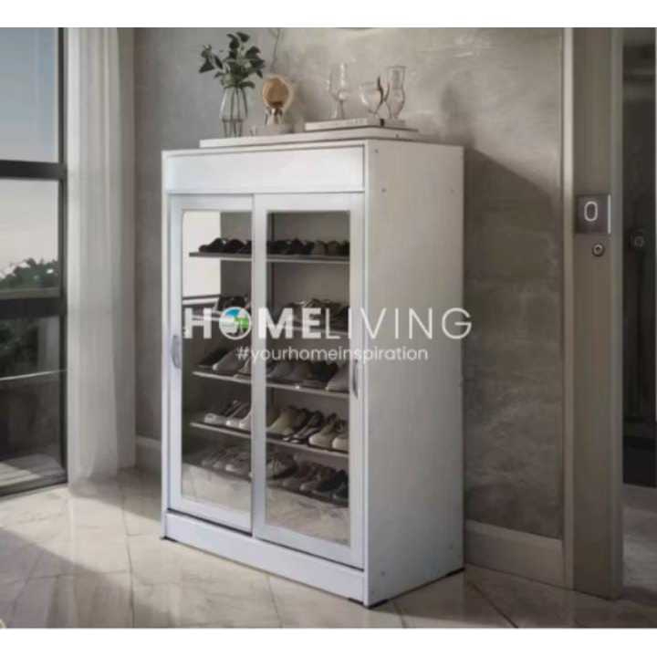 HOELIVING-RAK SEPATU SLIDING PUTIH KACA / RAK SEPATU GESER KACA PUTIH / RAK SEPATU KACA PUTIH