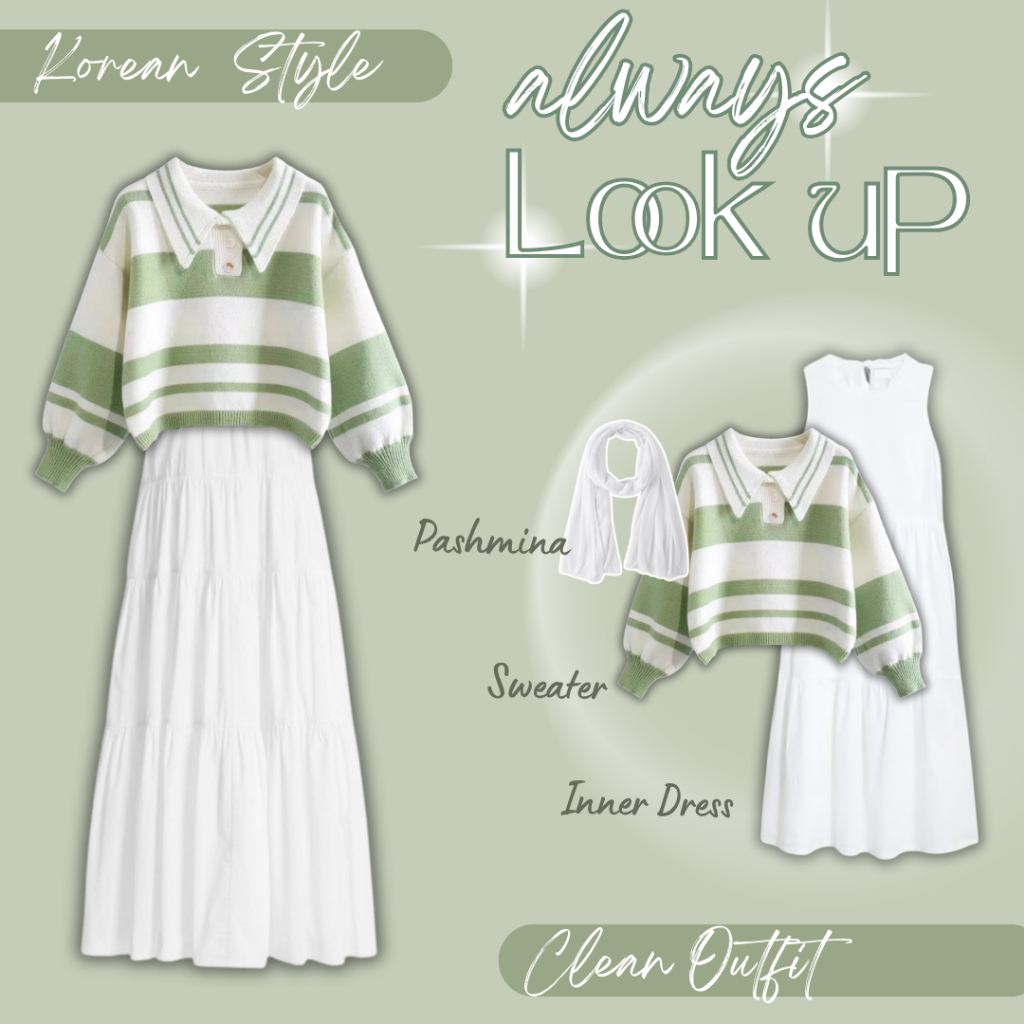 Setelan Hijab Cewek Korean Look 3in1 / Sweater Rajut + Inner Dress Putih + Pashmina Ceruty / Clean O