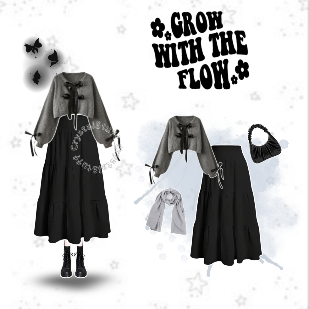 Crystalstuff - One Set Hijab Wanita Korean Look Terbaru | Setelan Baju Cewek Modis Kekinian + Hijab 